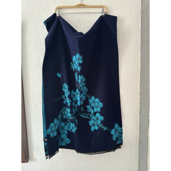 Pashmina Scarf Wrap Womens 76 in x 24 Blue Reversible 100% Cashmere Floral - Picture 5 of 15